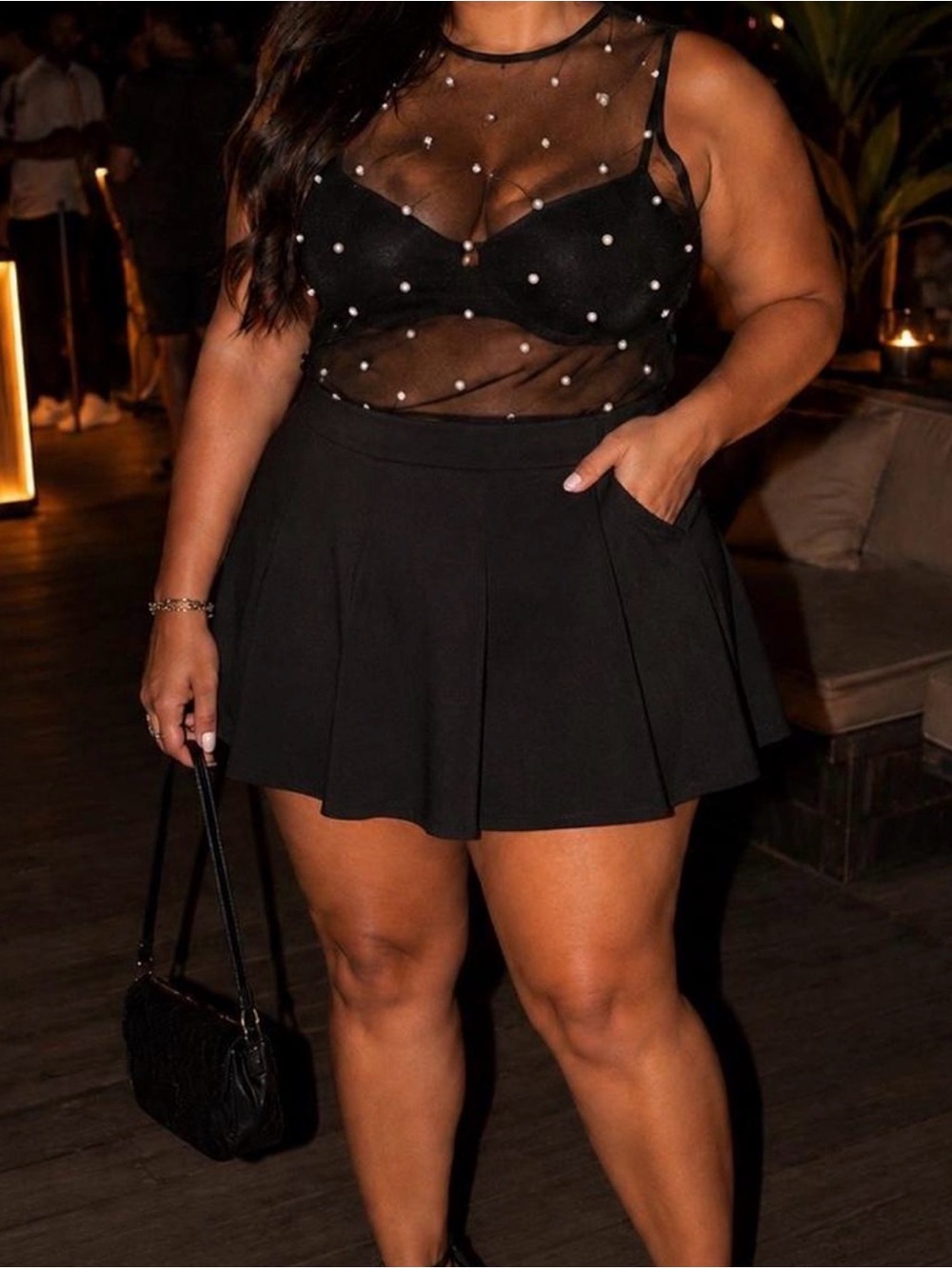 SHEIN Black Sheer Mesh Tank with Pearl Accents